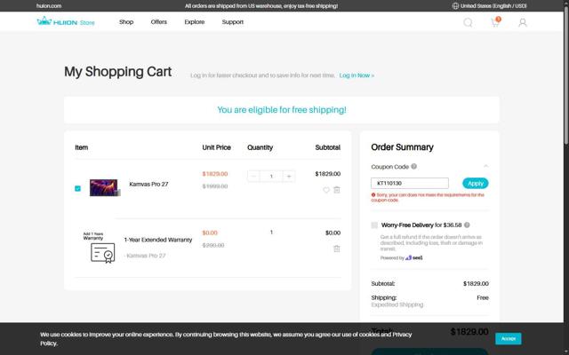 Huion Store checkout page showing Huion Store coupon code box | Screenshot taken by SimplyCodes community member on Sep 19, 2025