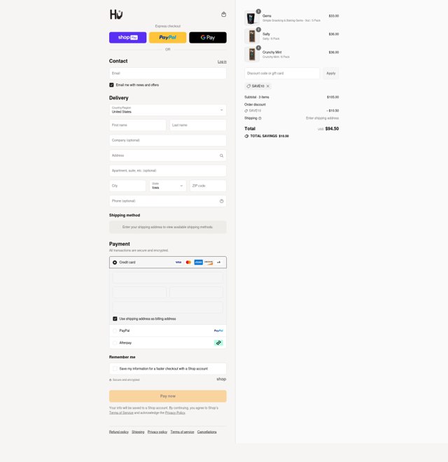 Hu Kitchen checkout page showing Hu Kitchen promo code box | Screenshot taken by SimplyCodes community member on Aug 23, 2025