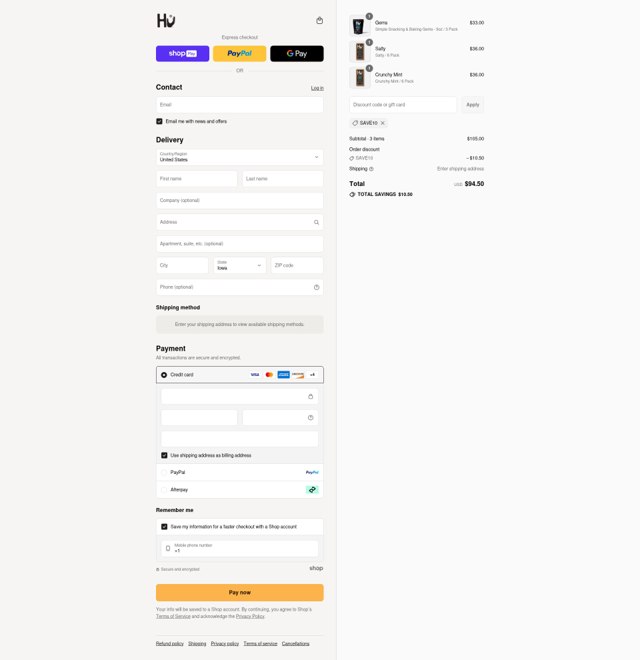 Hu Kitchen checkout page showing Hu Kitchen promo code box | Screenshot taken by SimplyCodes community member on Aug 27, 2025