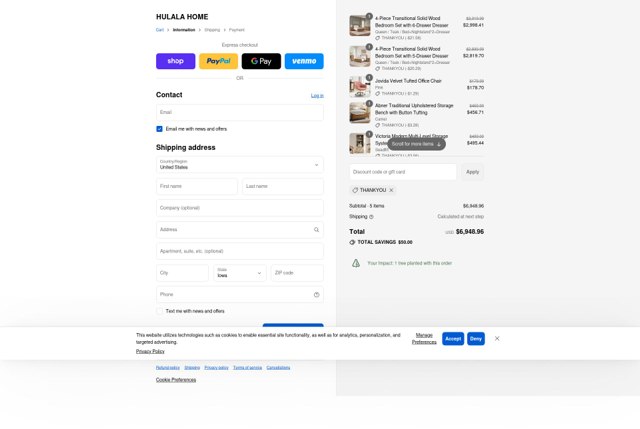 Hulala Home checkout page showing Hulala Home promo code box | Screenshot taken by SimplyCodes community member on Sep 4, 2025