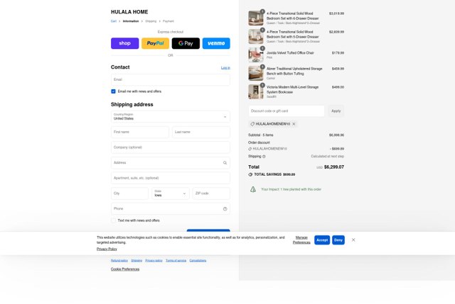 Hulala Home checkout page showing Hulala Home promo code box | Screenshot taken by SimplyCodes community member on Sep 4, 2025