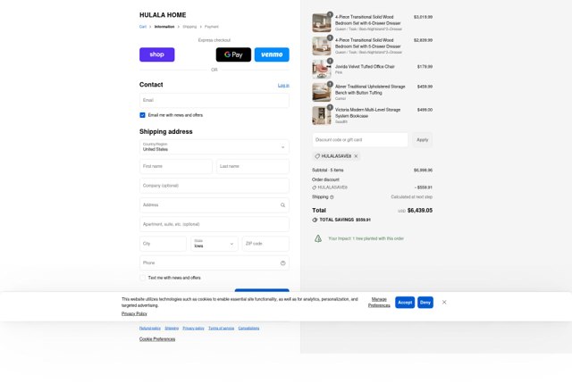 Hulala Home checkout page showing Hulala Home promo code box | Screenshot taken by SimplyCodes community member on Sep 4, 2025