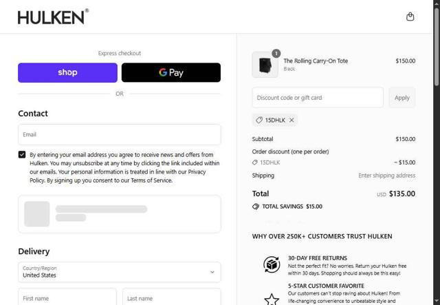 Hulken checkout page showing Hulken discount code box | Screenshot taken by SimplyCodes community member on Sep 5, 2025