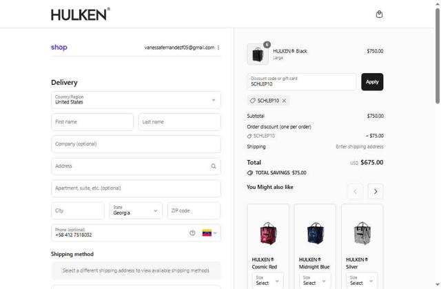 Hulken checkout page showing Hulken discount code box | Screenshot taken by SimplyCodes community member on Sep 12, 2025