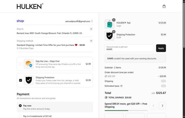 Hulken checkout page showing Hulken discount code box | Screenshot taken by SimplyCodes community member on Sep 4, 2025