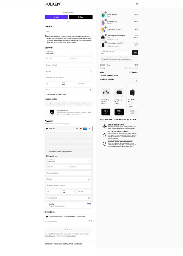 Hulken bag checkout page showing Hulken bag discount code box | Screenshot taken by SimplyCodes community member on Sep 13, 2025