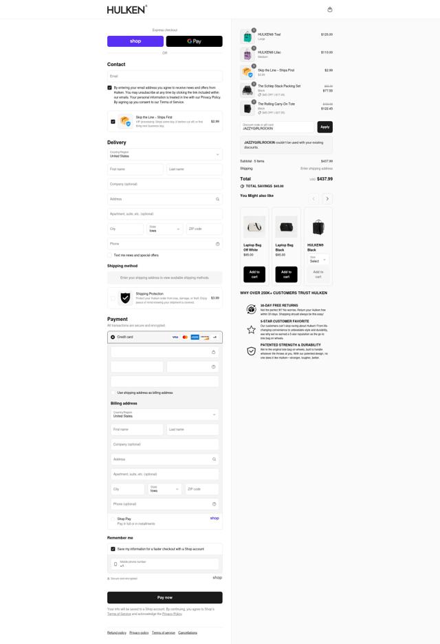 Hulken bag checkout page showing Hulken bag discount code box | Screenshot taken by SimplyCodes community member on Sep 5, 2025