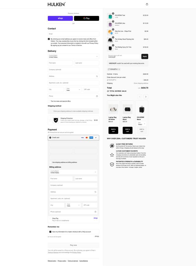Hulken bag checkout page showing Hulken bag discount code box | Screenshot taken by SimplyCodes community member on Sep 9, 2025