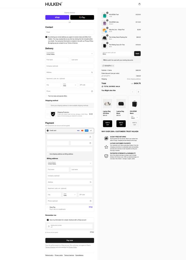 Hulken bag checkout page showing Hulken bag discount code box | Screenshot taken by SimplyCodes community member on Sep 9, 2025