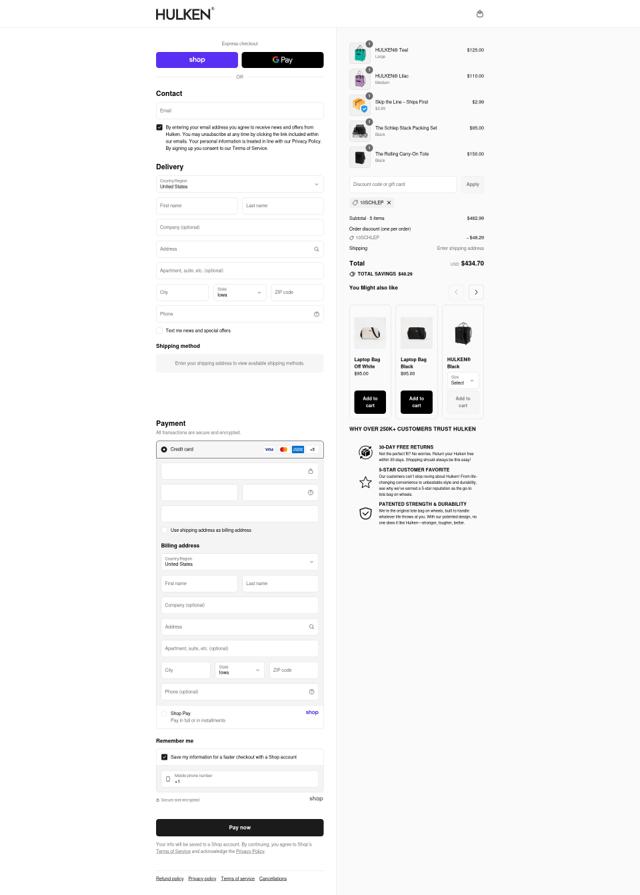 Hulken bag checkout page showing Hulken bag discount code box | Screenshot taken by SimplyCodes community member on Sep 13, 2025