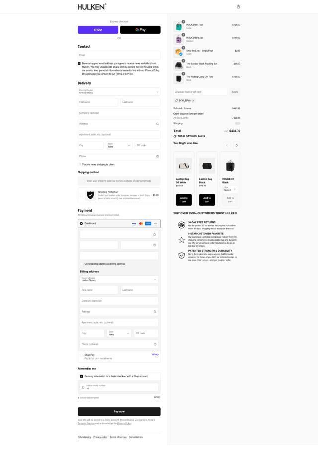 Hulken bag checkout page showing Hulken bag discount code box | Screenshot taken by SimplyCodes community member on Sep 9, 2025