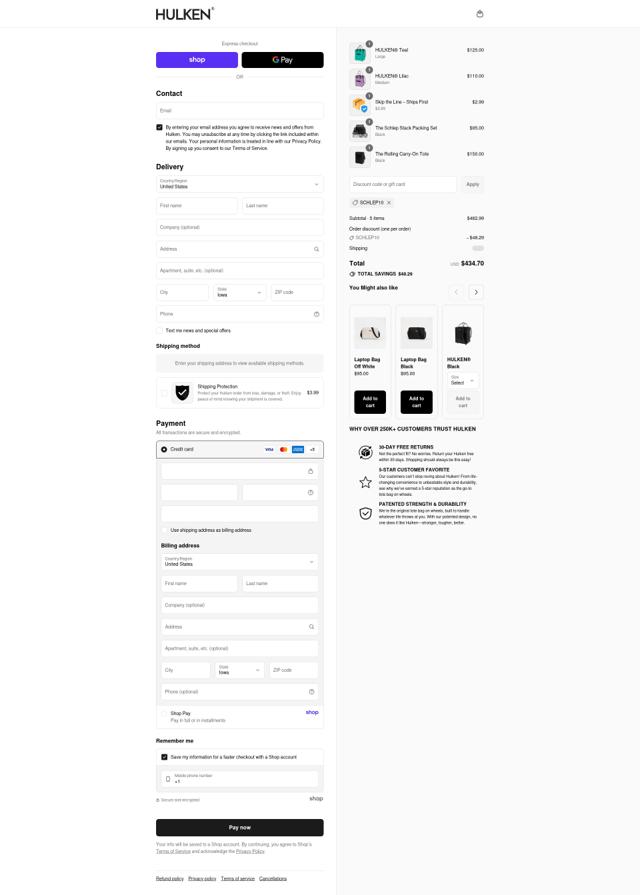 Hulken bag checkout page showing Hulken bag discount code box | Screenshot taken by SimplyCodes community member on Sep 13, 2025