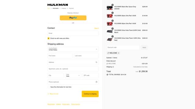 HULKMAN checkout page showing HULKMAN discount code box | Screenshot taken by SimplyCodes community member on Sep 12, 2025