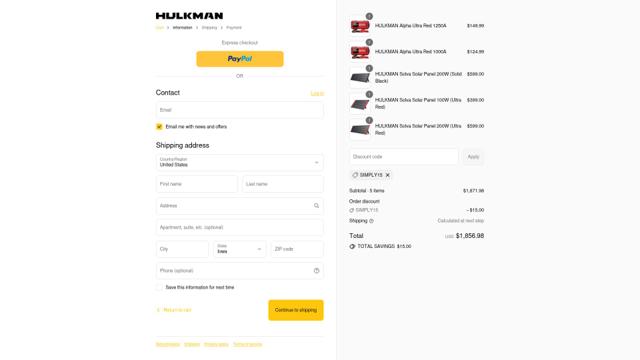 HULKMAN checkout page showing HULKMAN discount code box | Screenshot taken by SimplyCodes community member on Sep 4, 2025