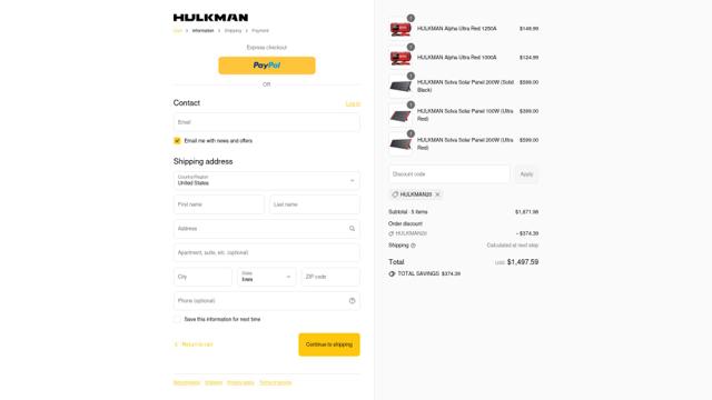 HULKMAN checkout page showing HULKMAN discount code box | Screenshot taken by SimplyCodes community member on Sep 4, 2025