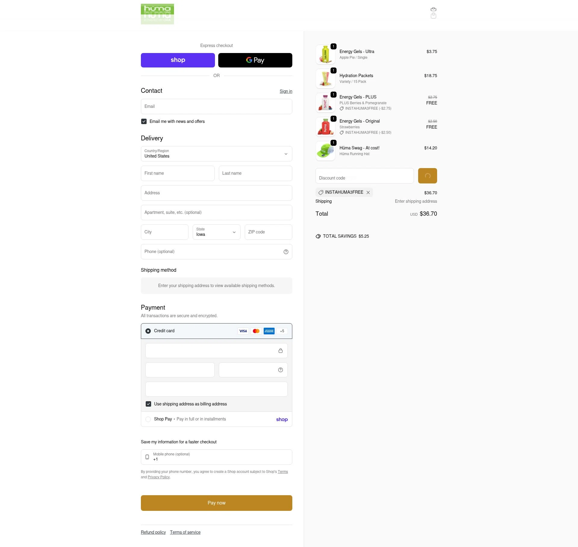Huma Gel checkout page showing Huma Gel discount code box | Screenshot taken by SimplyCodes community member on Jan 31, 2026
