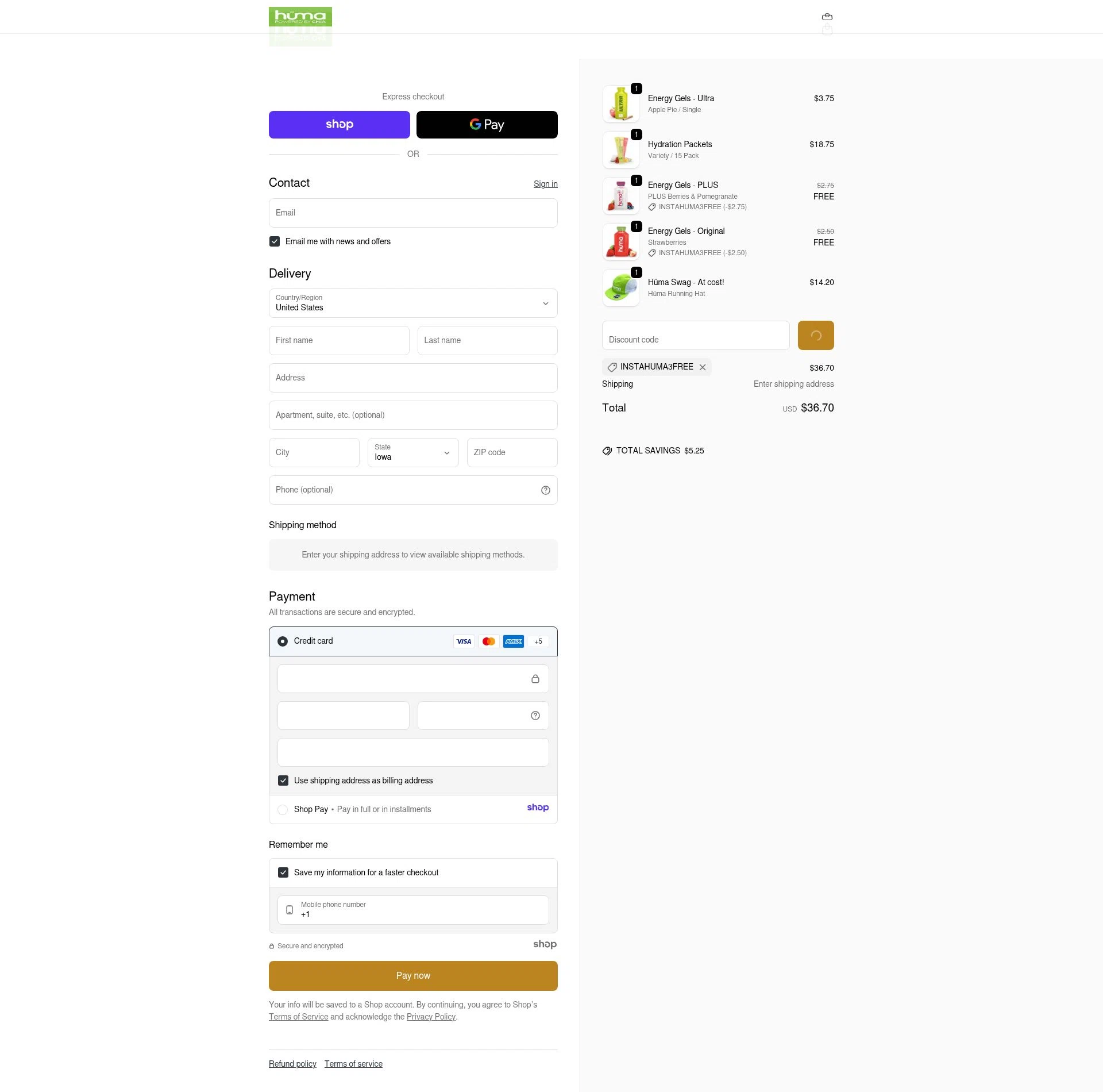 Huma Gel checkout page showing Huma Gel discount code box | Screenshot taken by SimplyCodes community member on Jan 1, 2026