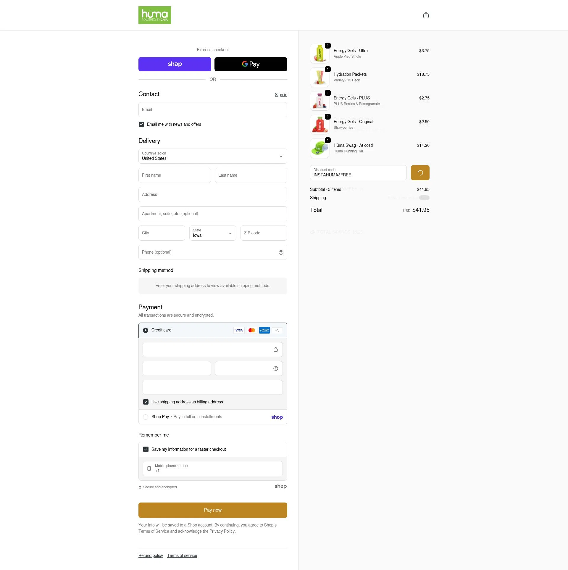 Huma Gel checkout page showing Huma Gel discount code box | Screenshot taken by SimplyCodes community member on Jan 26, 2026