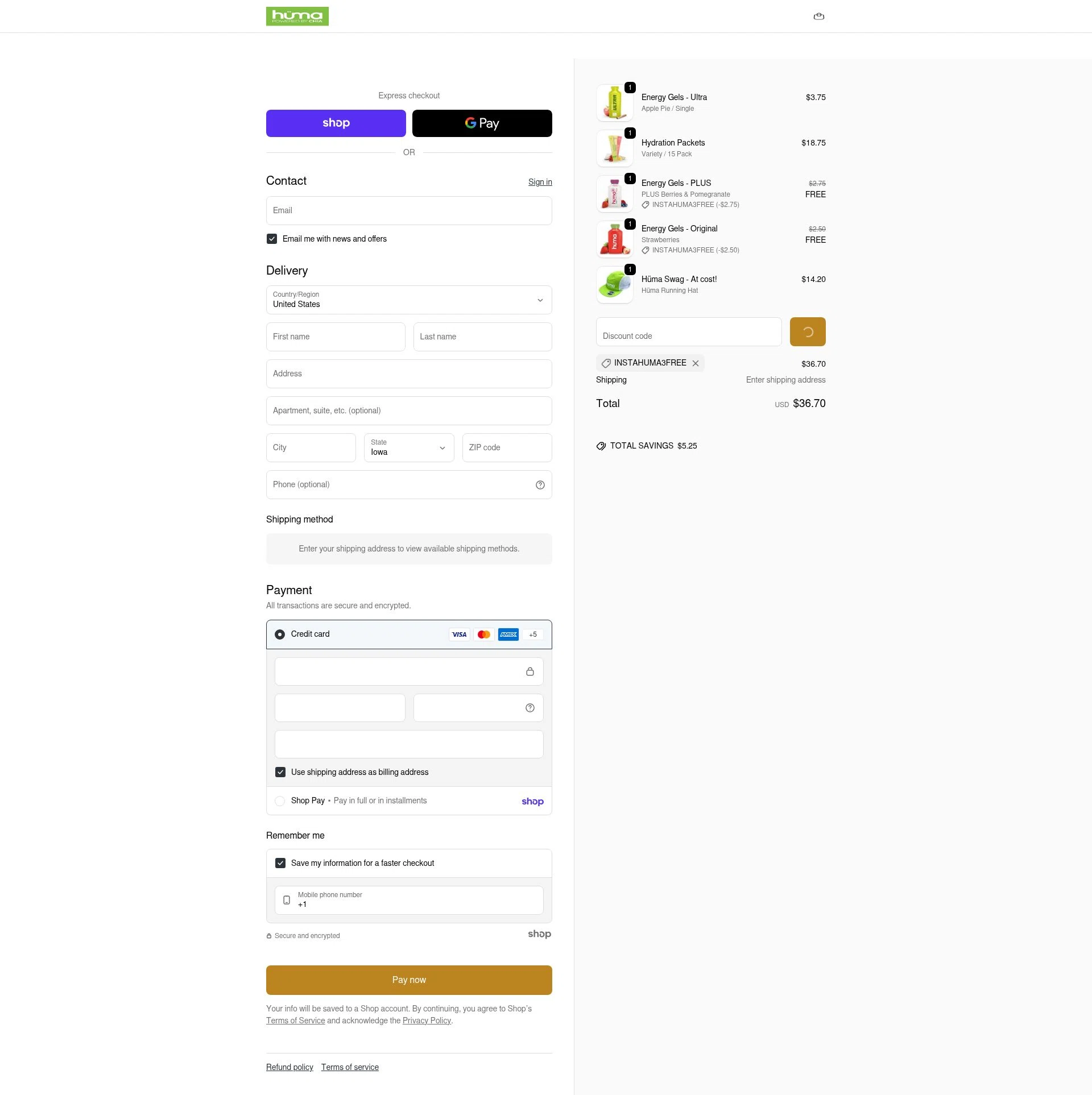 Huma Gel checkout page showing Huma Gel discount code box | Screenshot taken by SimplyCodes community member on Jan 22, 2026