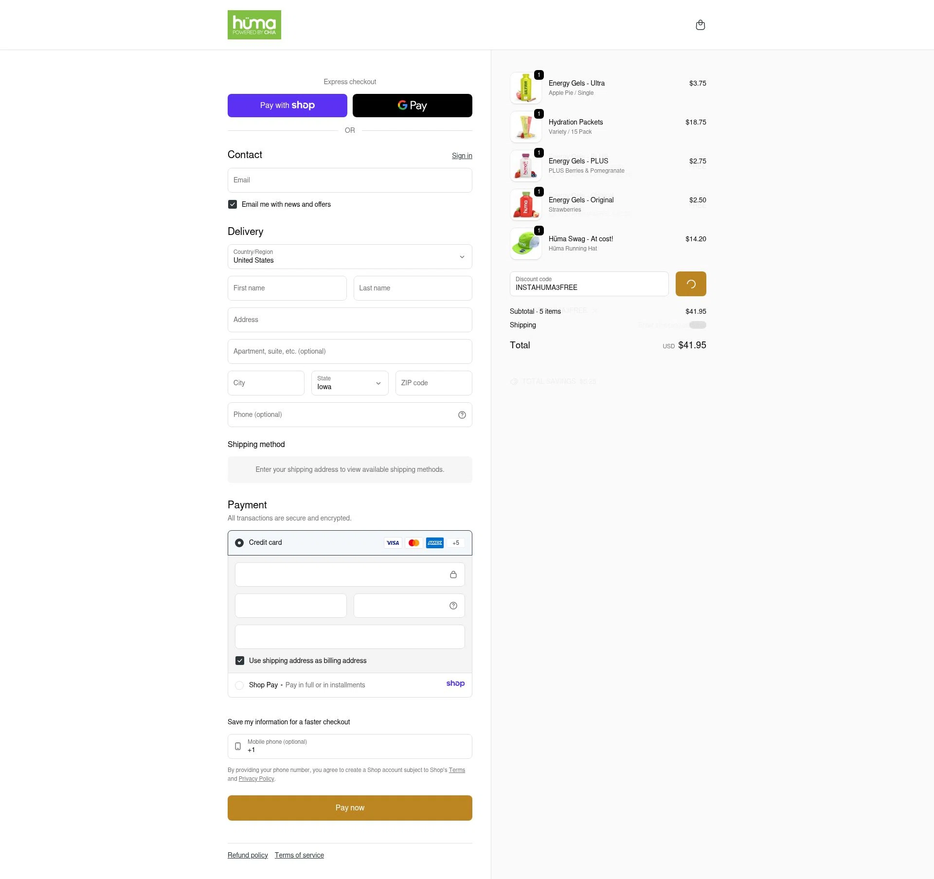 Huma Gel checkout page showing Huma Gel discount code box | Screenshot taken by SimplyCodes community member on Jan 6, 2026