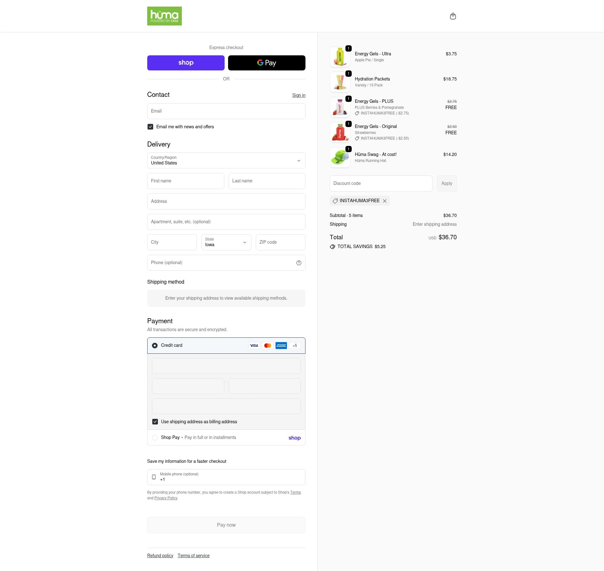 Huma Gel checkout page showing Huma Gel discount code box | Screenshot taken by SimplyCodes community member on Feb 4, 2026