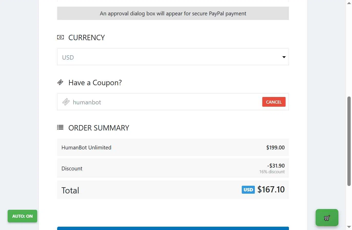 HumanBot checkout page showing HumanBot promo code box | Screenshot taken by SimplyCodes community member on Oct 27, 2025