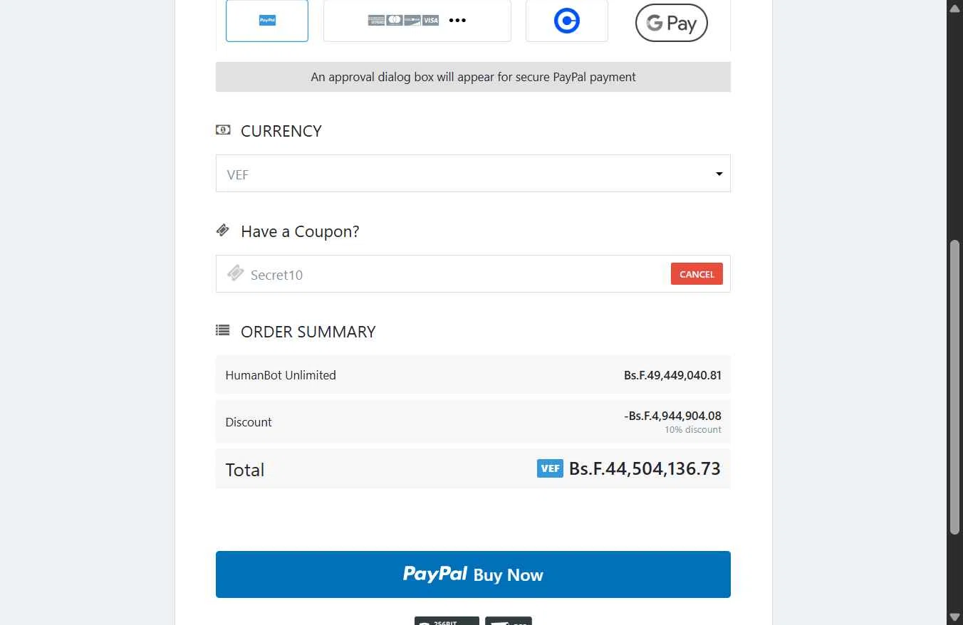 HumanBot checkout page showing HumanBot promo code box | Screenshot taken by SimplyCodes community member on Dec 16, 2025