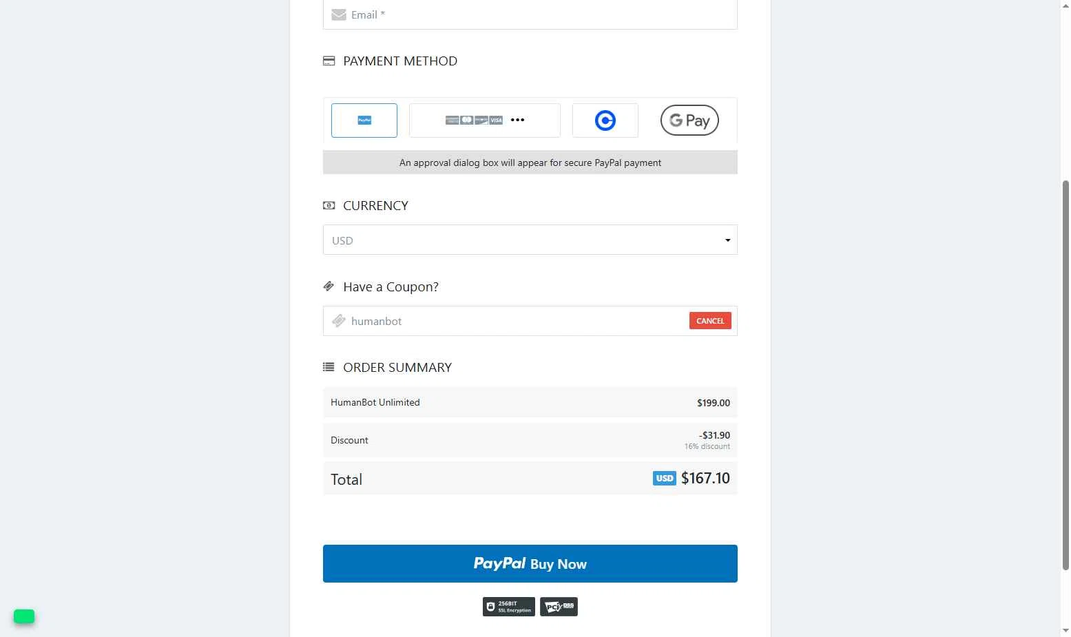 HumanBot checkout page showing HumanBot promo code box | Screenshot taken by SimplyCodes community member on Nov 25, 2025