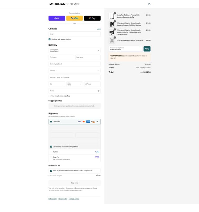 HumanCentric checkout page showing HumanCentric coupon code box | Screenshot taken by SimplyCodes community member on Sep 4, 2025