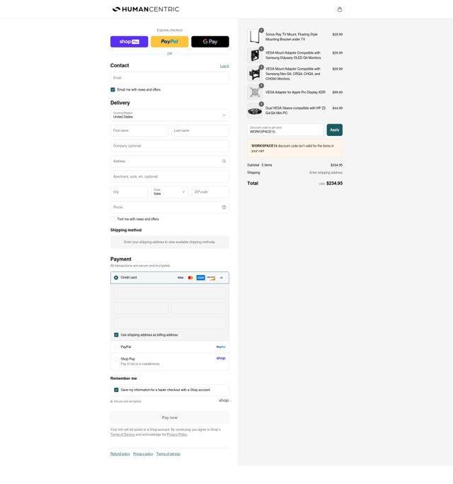 HumanCentric checkout page showing HumanCentric coupon code box | Screenshot taken by SimplyCodes community member on Aug 23, 2025