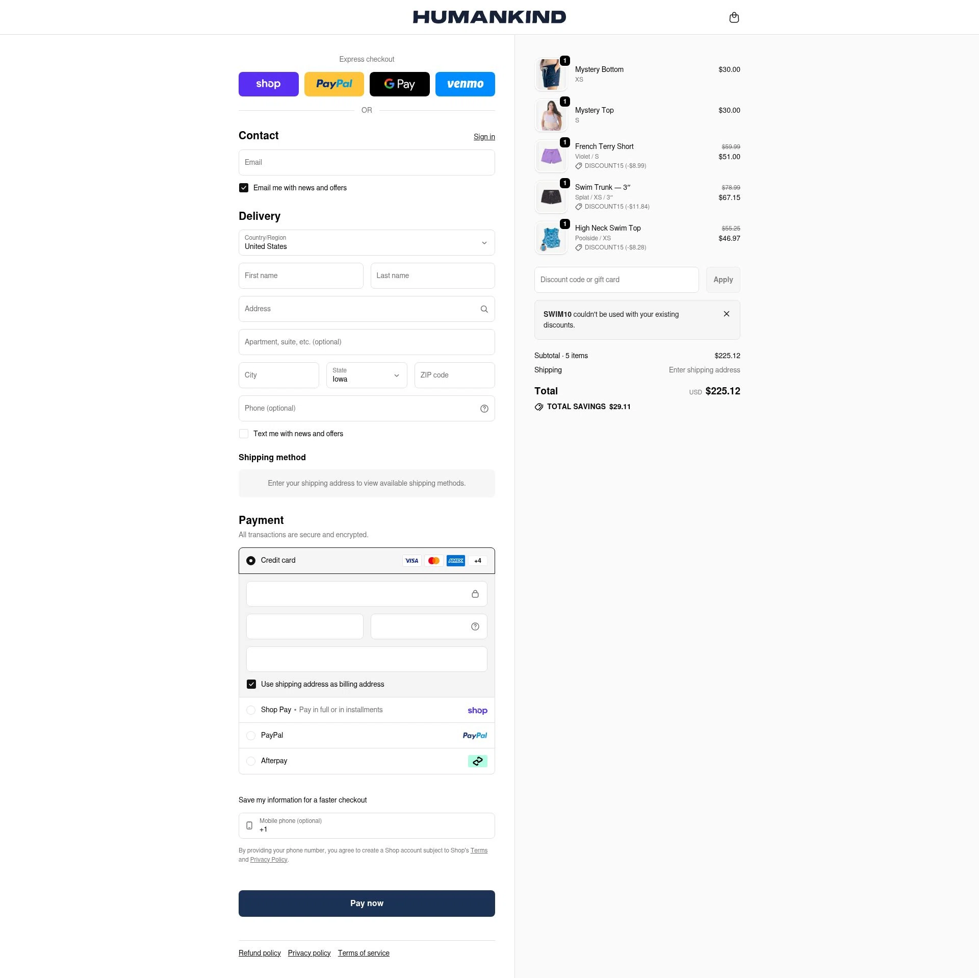 Humankind checkout page showing Humankind discount code box | Screenshot taken by SimplyCodes community member on Feb 13, 2026