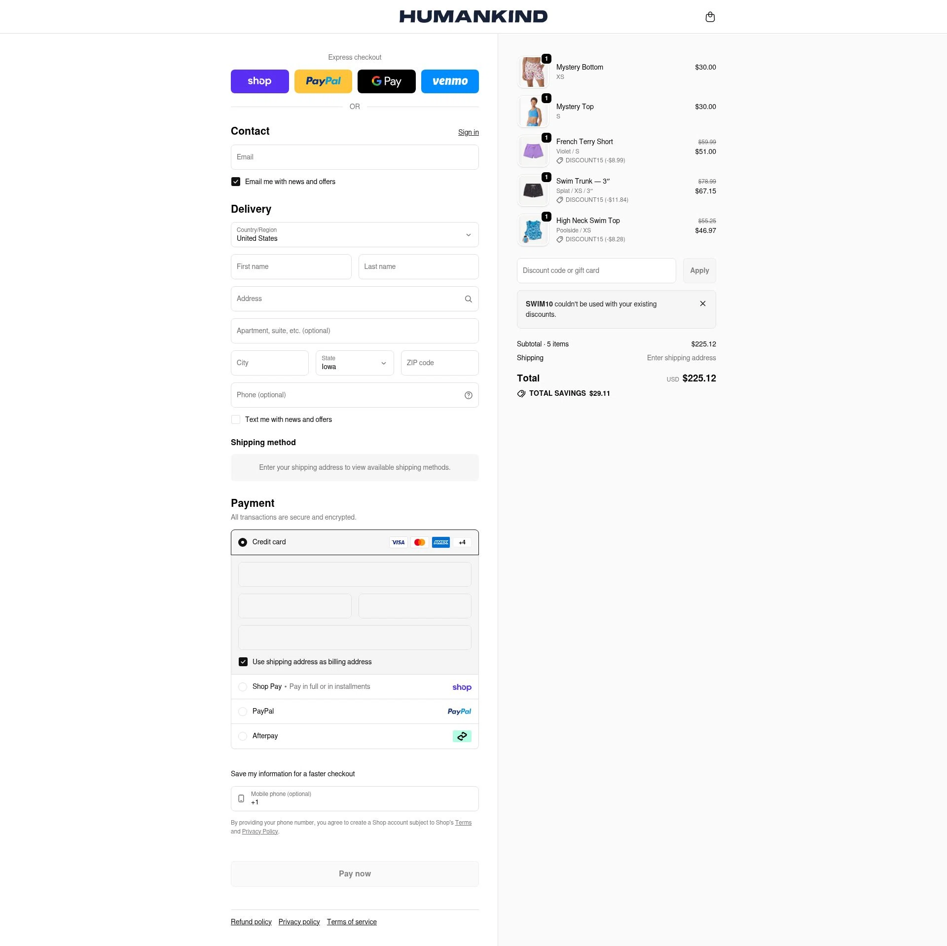 Humankind checkout page showing Humankind discount code box | Screenshot taken by SimplyCodes community member on Feb 4, 2026