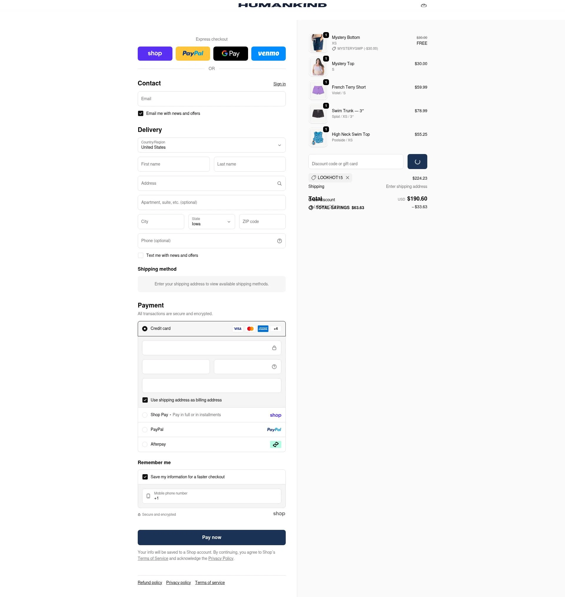 Humankind checkout page showing Humankind discount code box | Screenshot taken by SimplyCodes community member on Jan 22, 2026