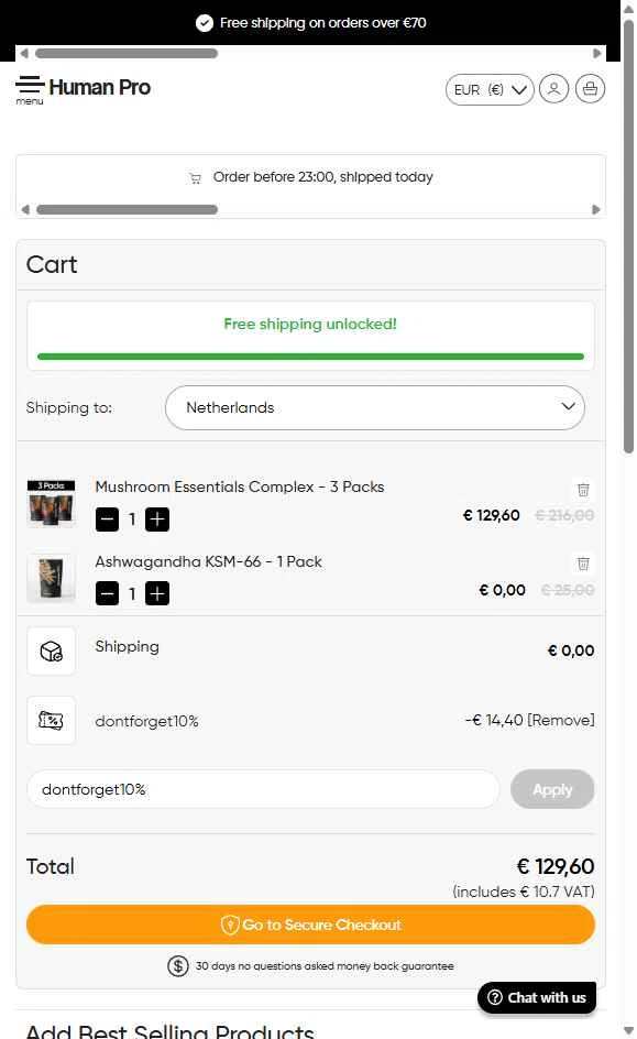 Human Pro checkout page showing Human Pro promo code box | Screenshot taken by SimplyCodes community member on Jul 24, 2025