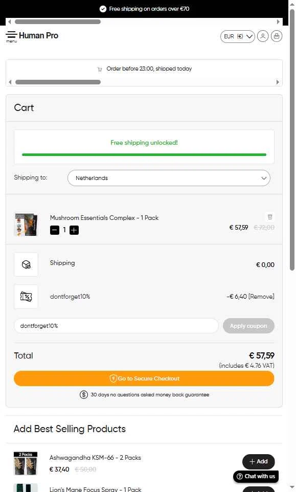 Human Pro checkout page showing Human Pro promo code box | Screenshot taken by SimplyCodes community member on Jul 24, 2025