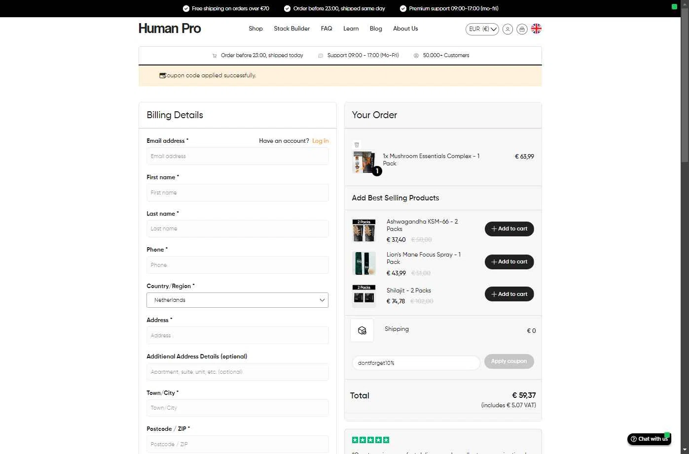 Human Pro checkout page showing Human Pro promo code box | Screenshot taken by SimplyCodes community member on Sep 18, 2025