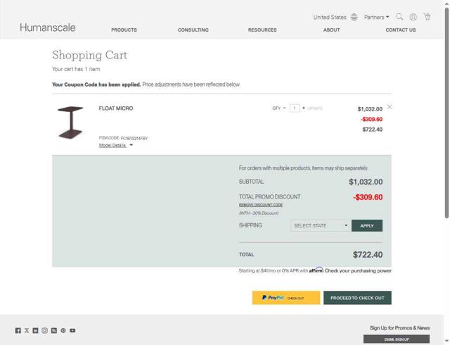 Humanscale checkout page showing Humanscale promo code box | Screenshot taken by SimplyCodes community member on Jul 28, 2025