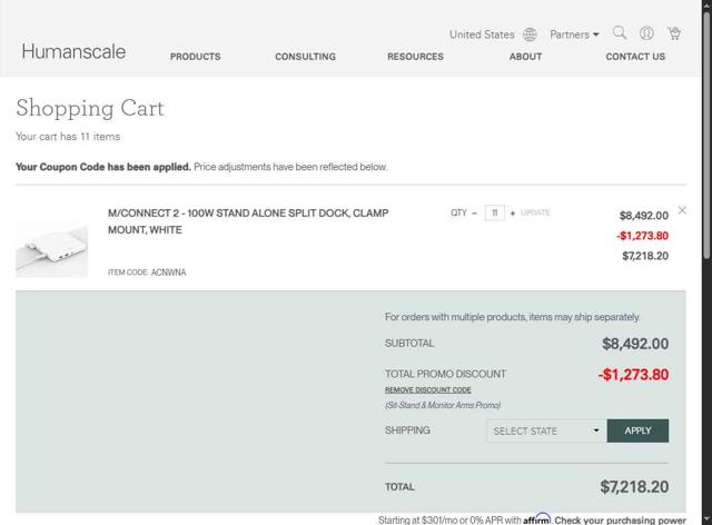 Humanscale checkout page showing Humanscale promo code box | Screenshot taken by SimplyCodes community member on Jul 11, 2025