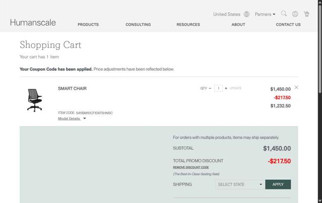 Humanscale checkout page showing Humanscale promo code box | Screenshot taken by SimplyCodes community member on Jun 10, 2025
