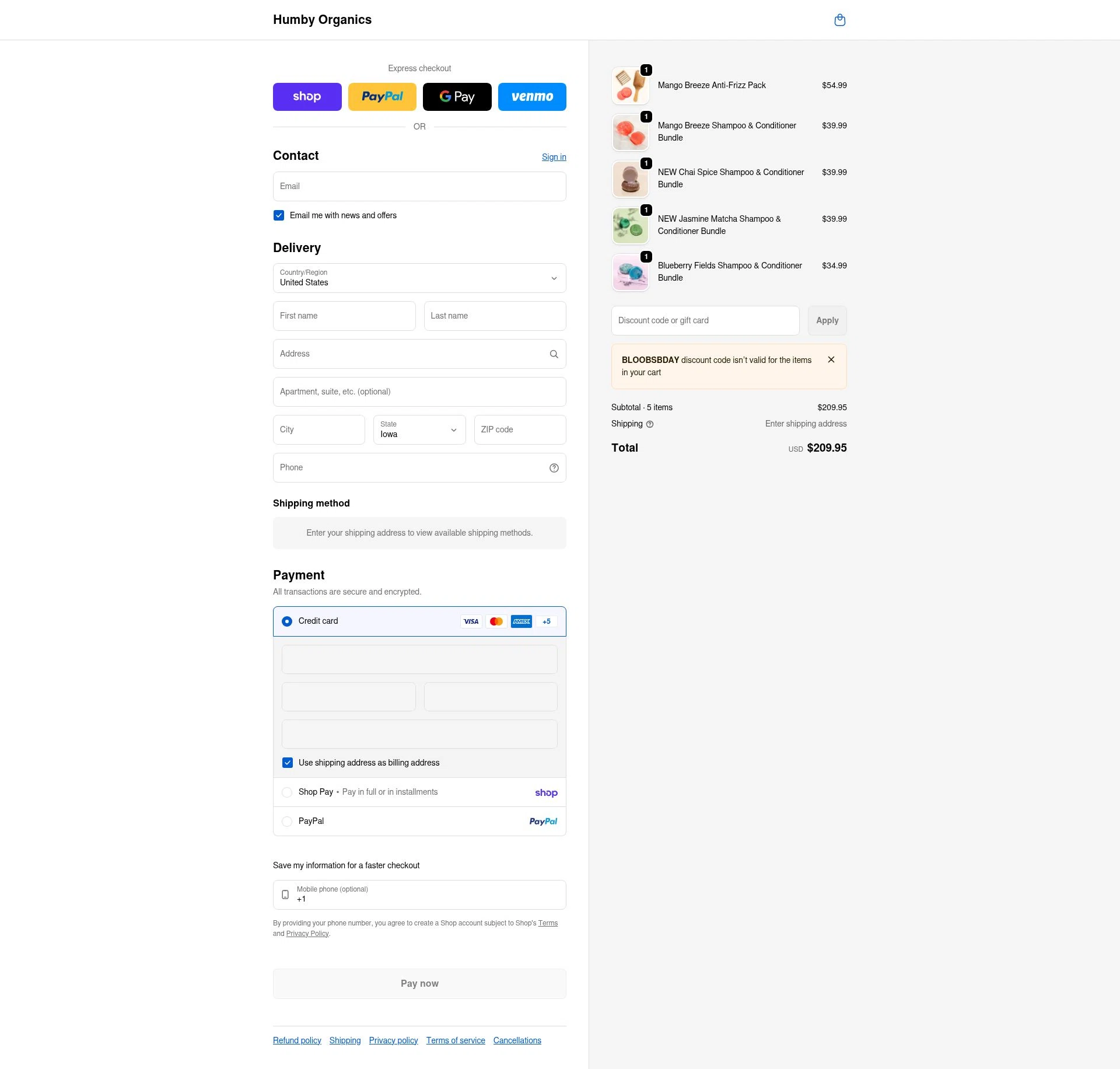 Humby Organics checkout page showing Humby Organics discount code box | Screenshot taken by SimplyCodes community member on Feb 19, 2026