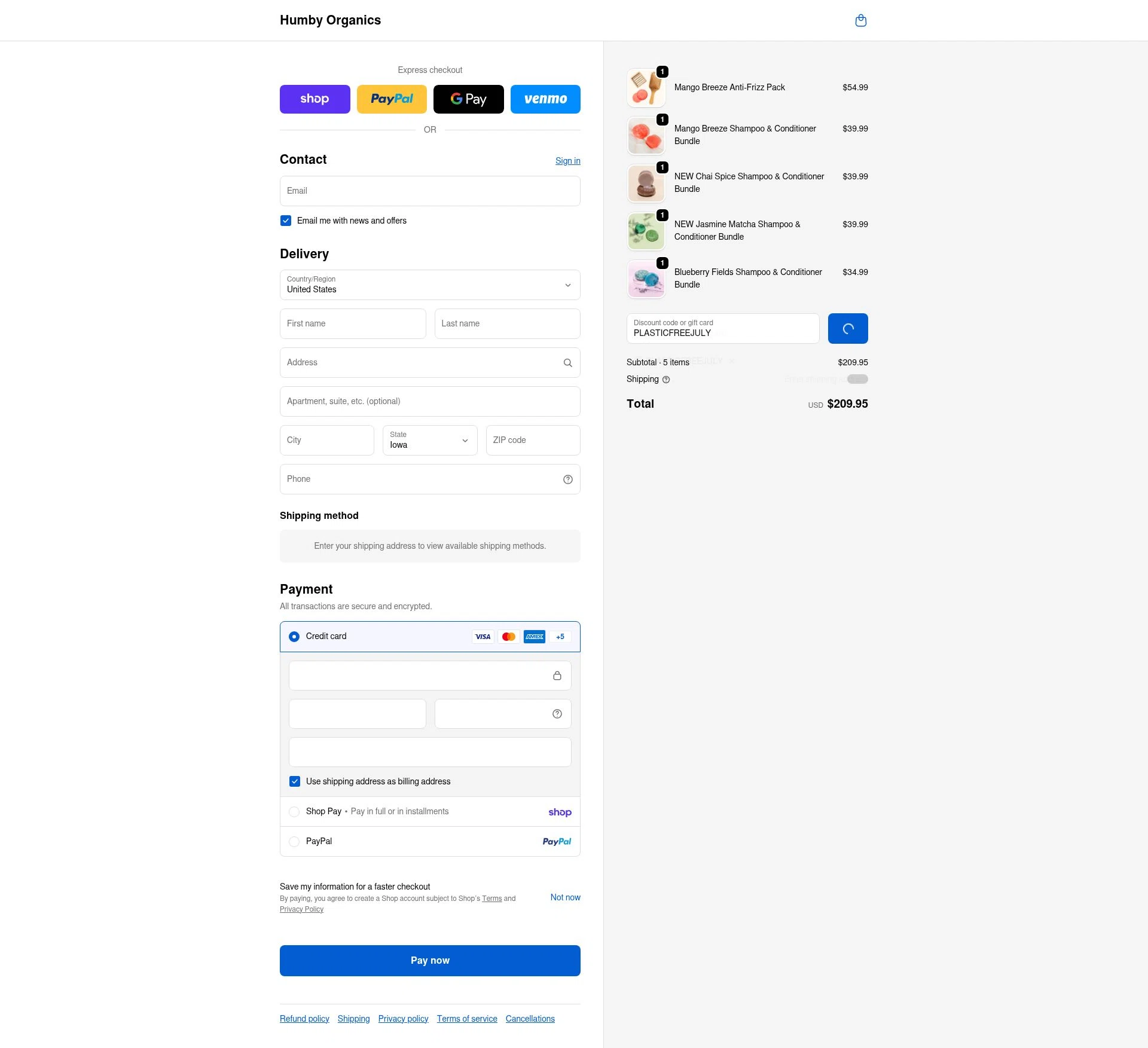 Humby Organics checkout page showing Humby Organics discount code box | Screenshot taken by SimplyCodes community member on Feb 19, 2026