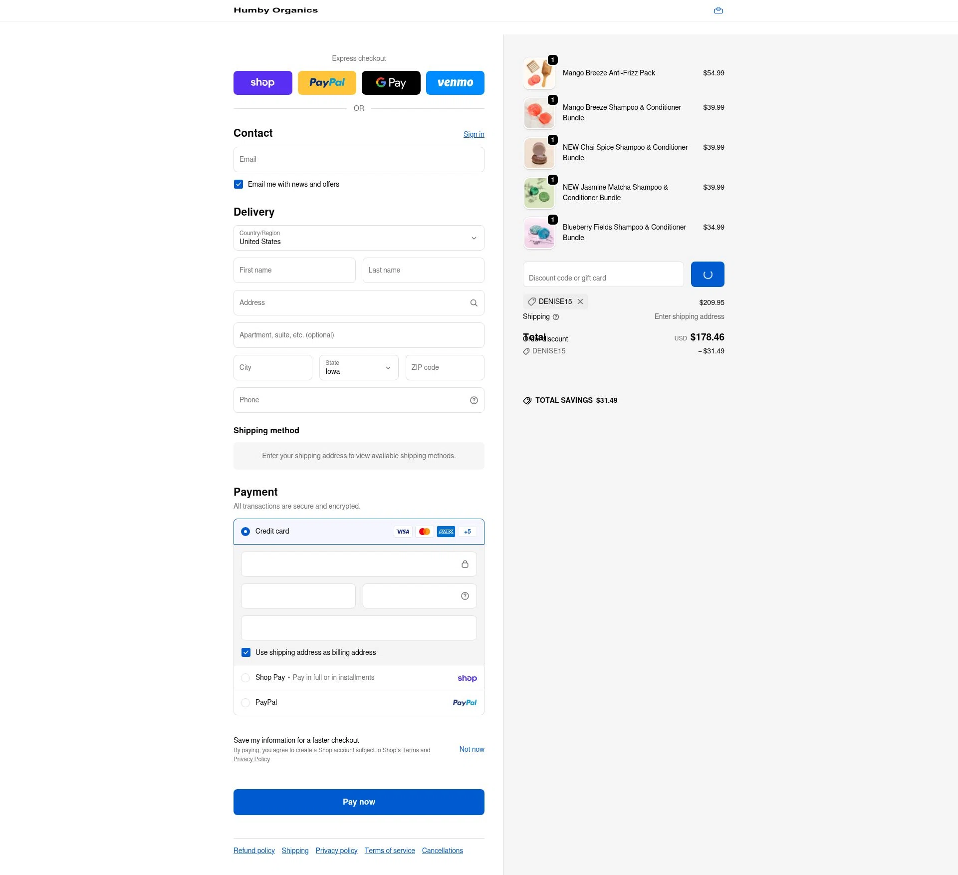 Humby Organics checkout page showing Humby Organics discount code box | Screenshot taken by SimplyCodes community member on Feb 19, 2026