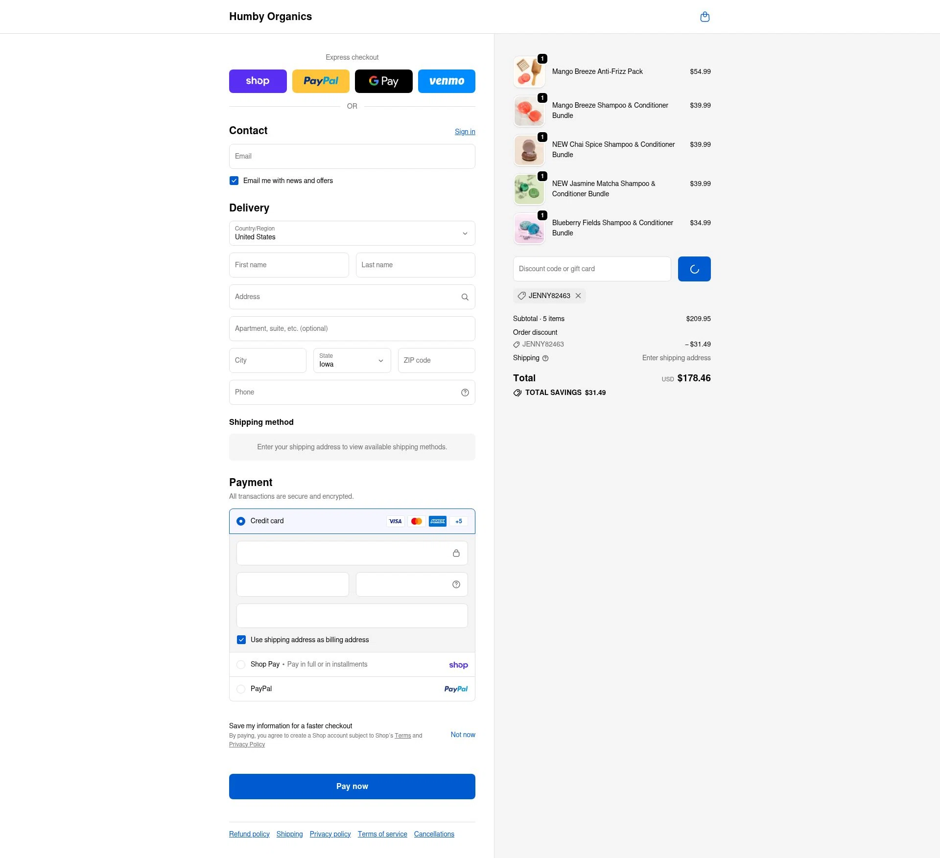 Humby Organics checkout page showing Humby Organics discount code box | Screenshot taken by SimplyCodes community member on Feb 19, 2026