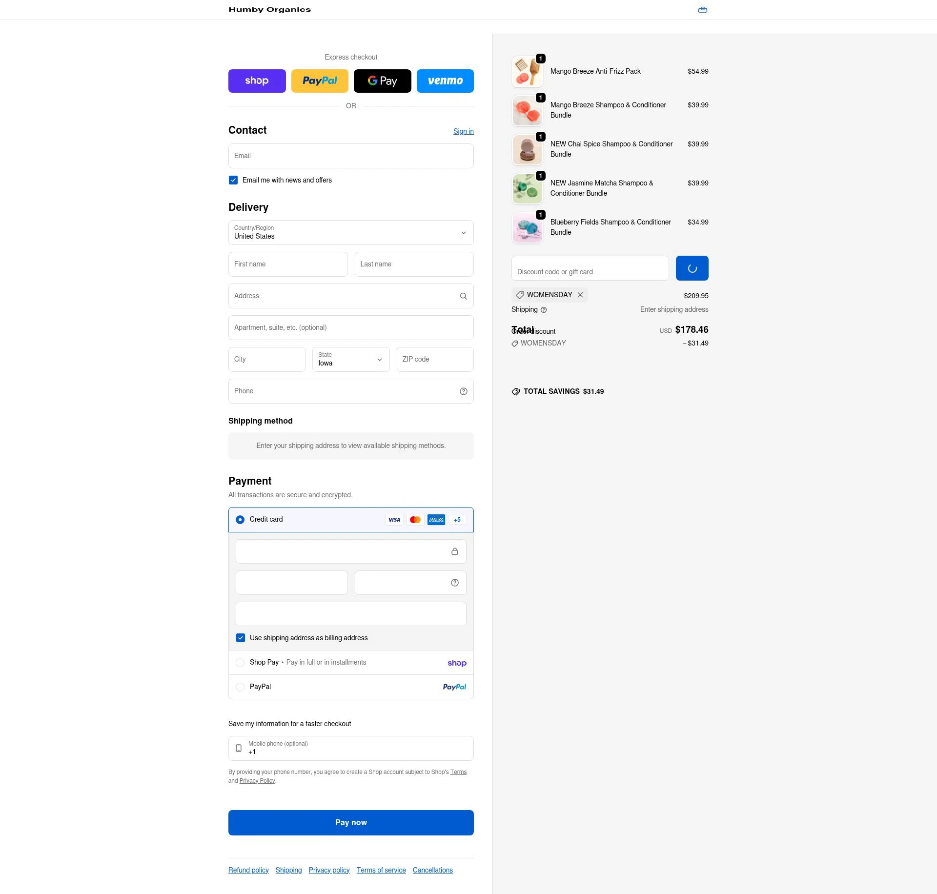 Humby Organics checkout page showing Humby Organics discount code box | Screenshot taken by SimplyCodes community member on Feb 19, 2026