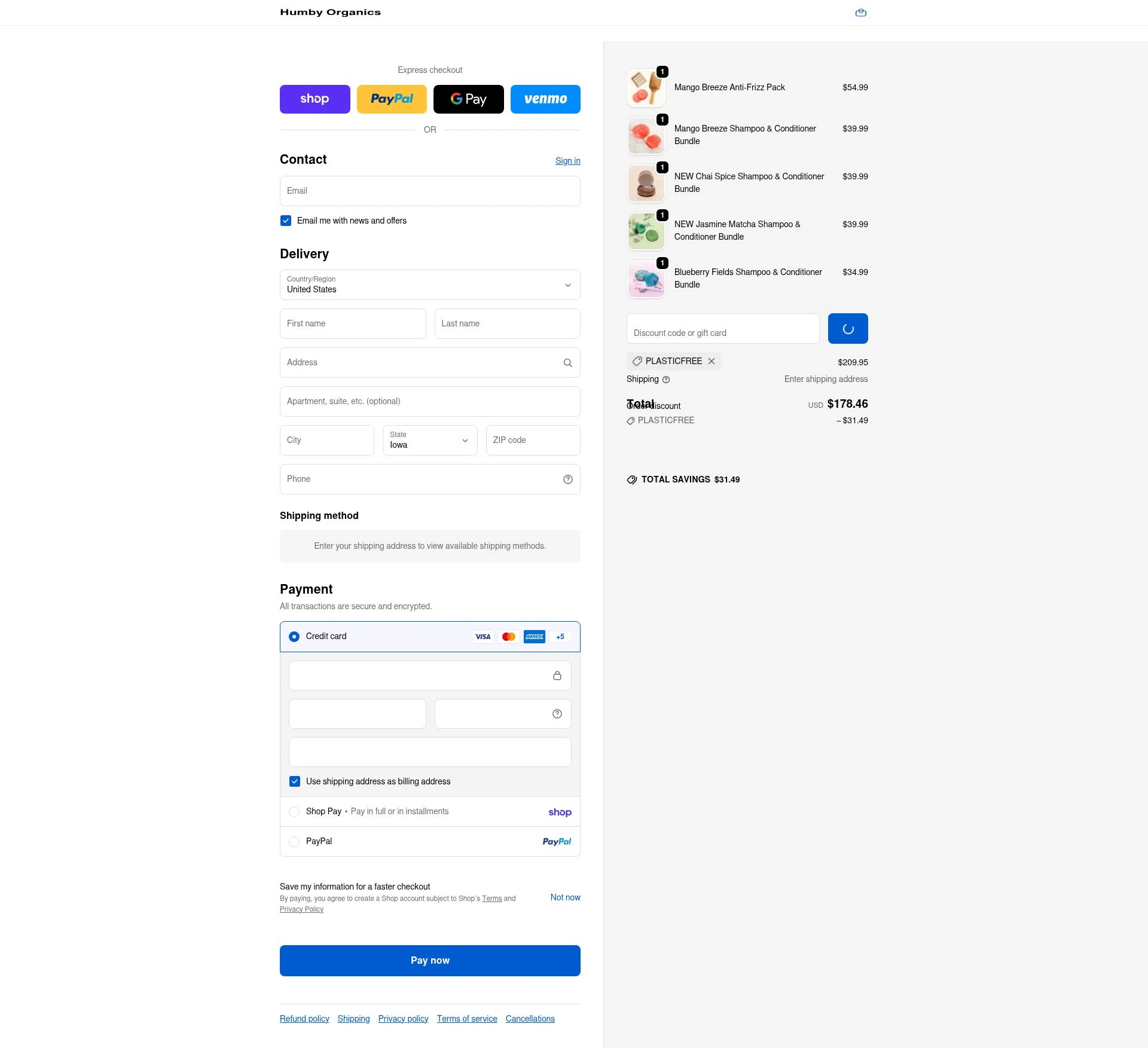 Humby Organics checkout page showing Humby Organics discount code box | Screenshot taken by SimplyCodes community member on Feb 19, 2026