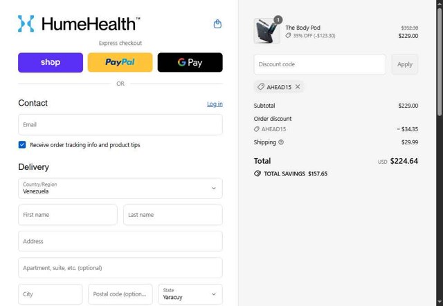 HumeHealth checkout page showing HumeHealth promo code box | Screenshot taken by SimplyCodes community member on Sep 7, 2025