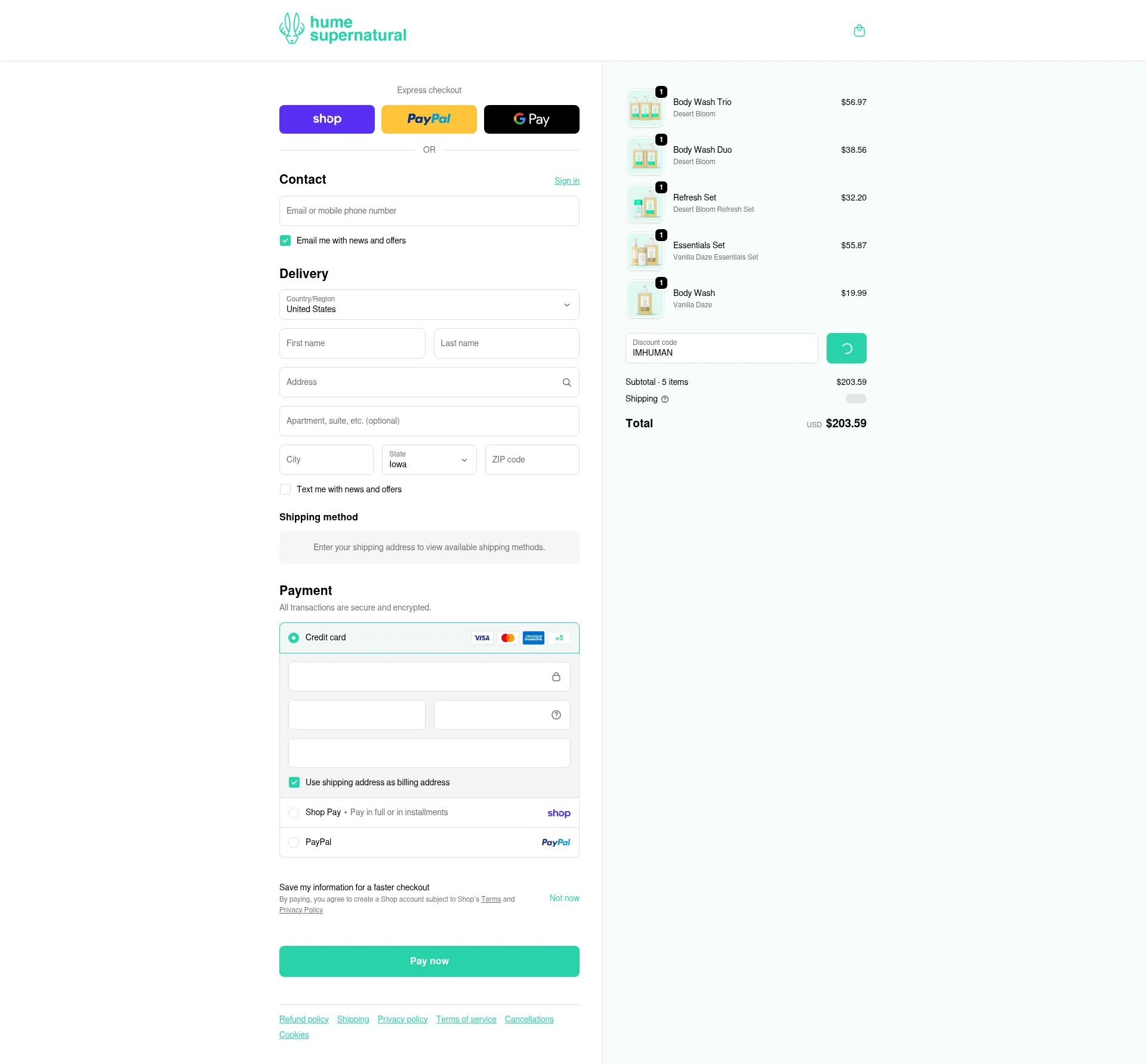 Hume Supernatural checkout page showing Hume Supernatural discount code box | Screenshot taken by SimplyCodes community member on Feb 17, 2026