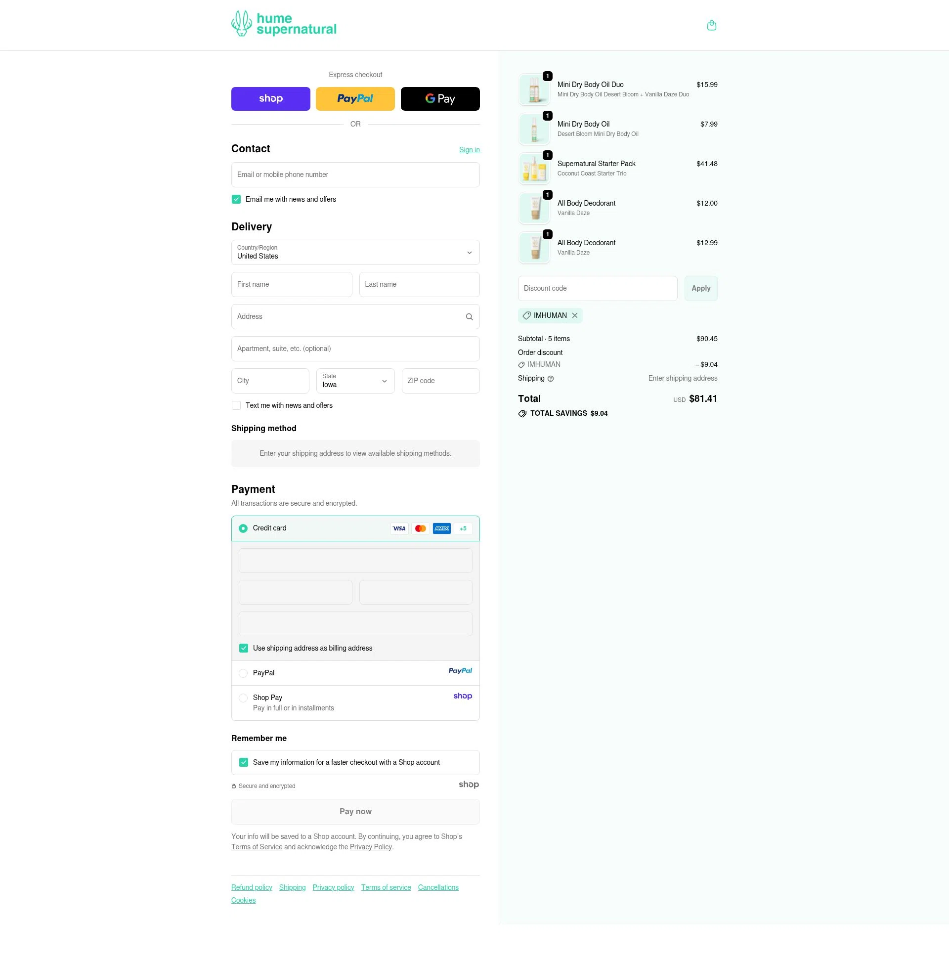 Hume Supernatural checkout page showing Hume Supernatural discount code box | Screenshot taken by SimplyCodes community member on Oct 26, 2025