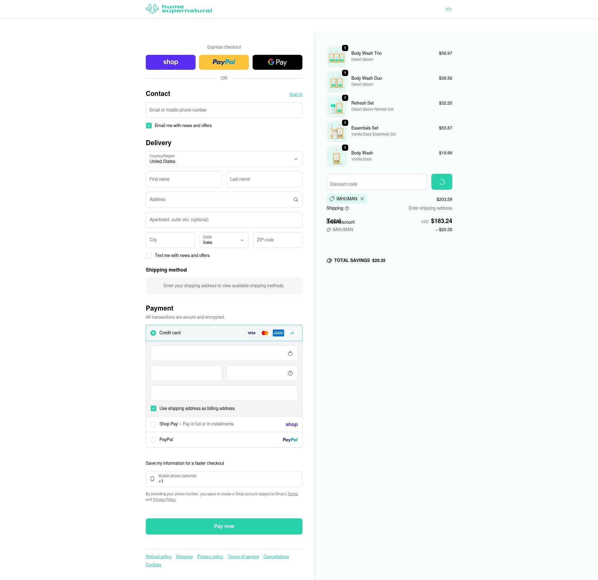 Hume Supernatural checkout page showing Hume Supernatural discount code box | Screenshot taken by SimplyCodes community member on Feb 12, 2026