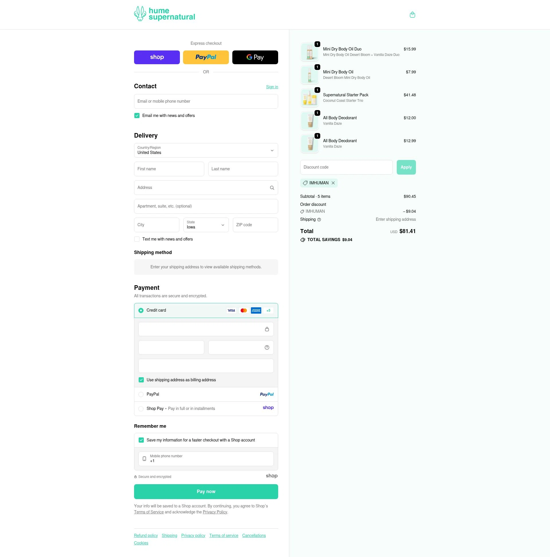 Hume Supernatural checkout page showing Hume Supernatural discount code box | Screenshot taken by SimplyCodes community member on Nov 18, 2025